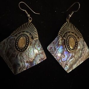 Iridescent Vintage Abalone Shell style with Black and Gold  Tone hook Earrings